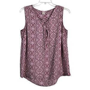 Terra & Sky Magenta Pink Damask Floral Printed Lightweight Lace Up Tank Top 0X